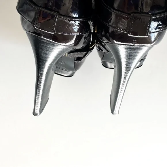 Sergio Rossi Crinkle Patent Leather Open-toe Booties Golden Statement Buckles 38 - Picture 8 of 14